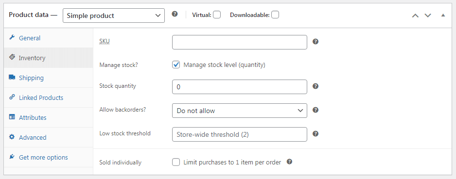 Inventory Tab in Product Data RealBSG