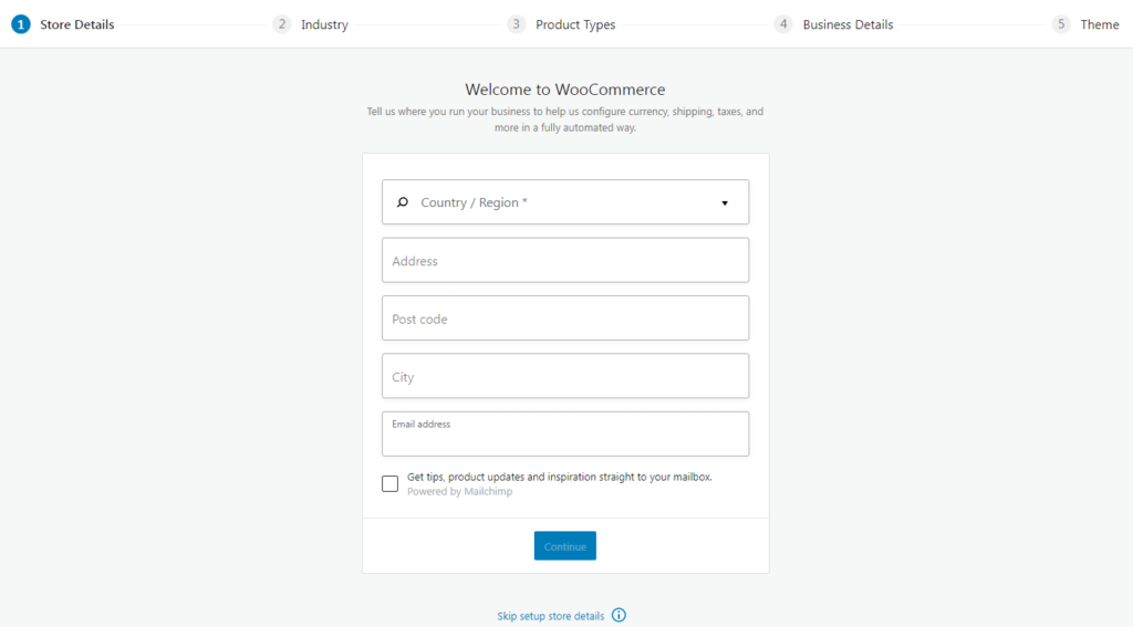 WooCommerce Set Up Wizard Step 1