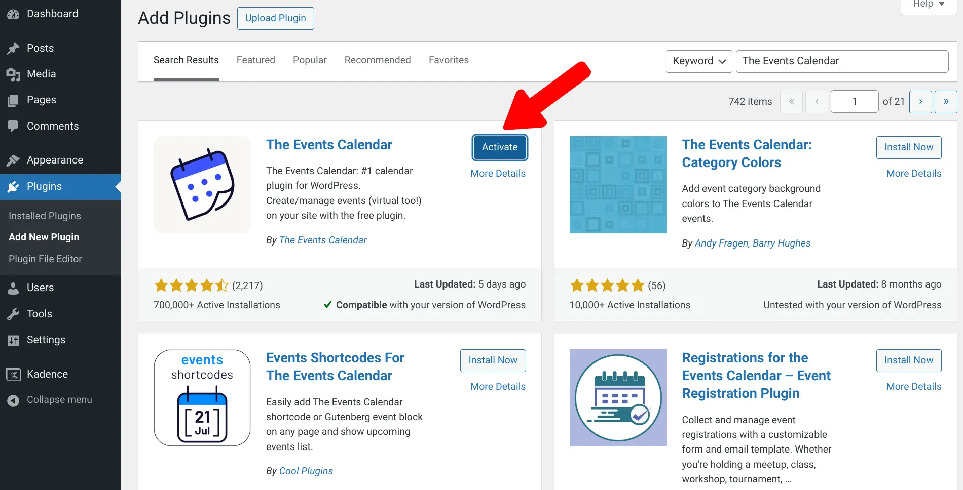 Activate The Events Calendar Plugin