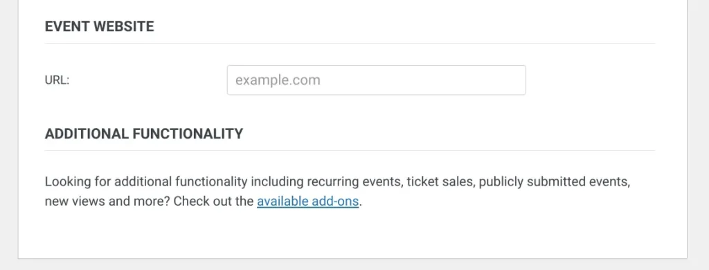 Enter The URL of the Event Website - The Events Calendar Plugin