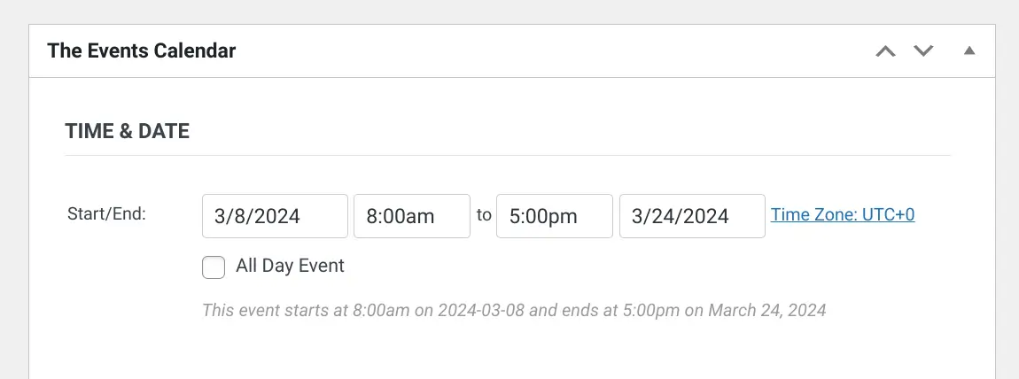 Set up Start and End Dates of Event - The Events Calendar