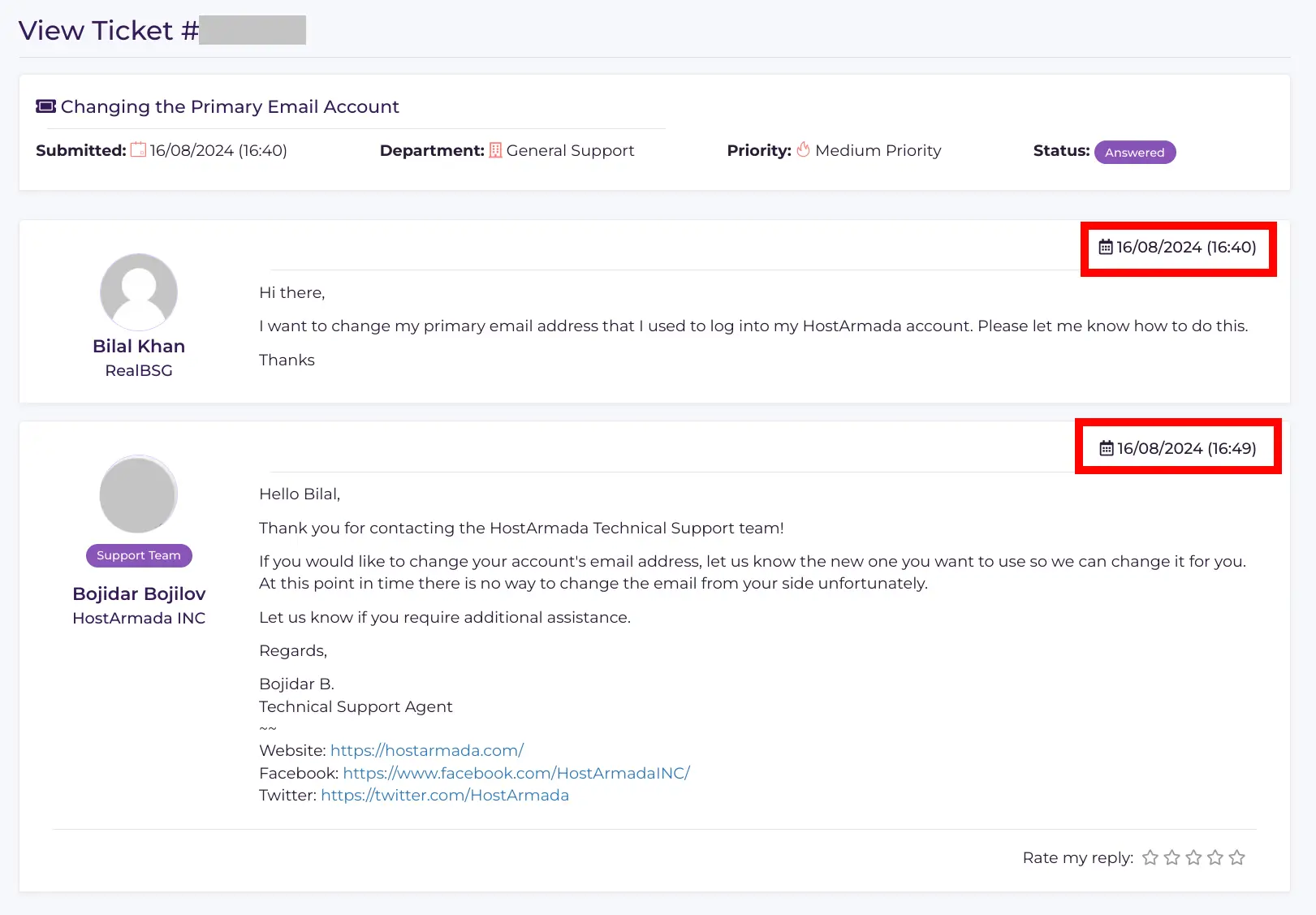 HostArmada Ticketing Support Screenshot